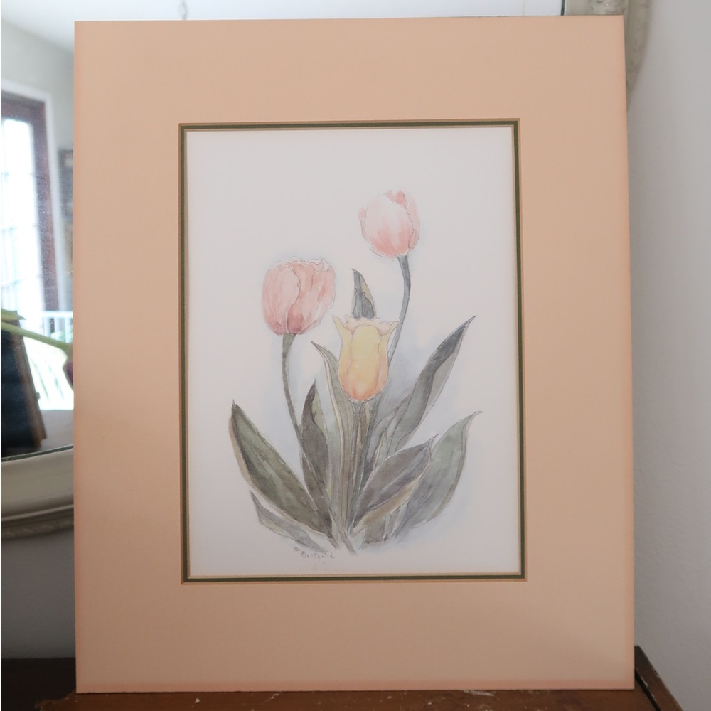 Tulips by Mary Bertrand Floral Flowers Peach Tulip  Art Wall Decor Print w/ mat